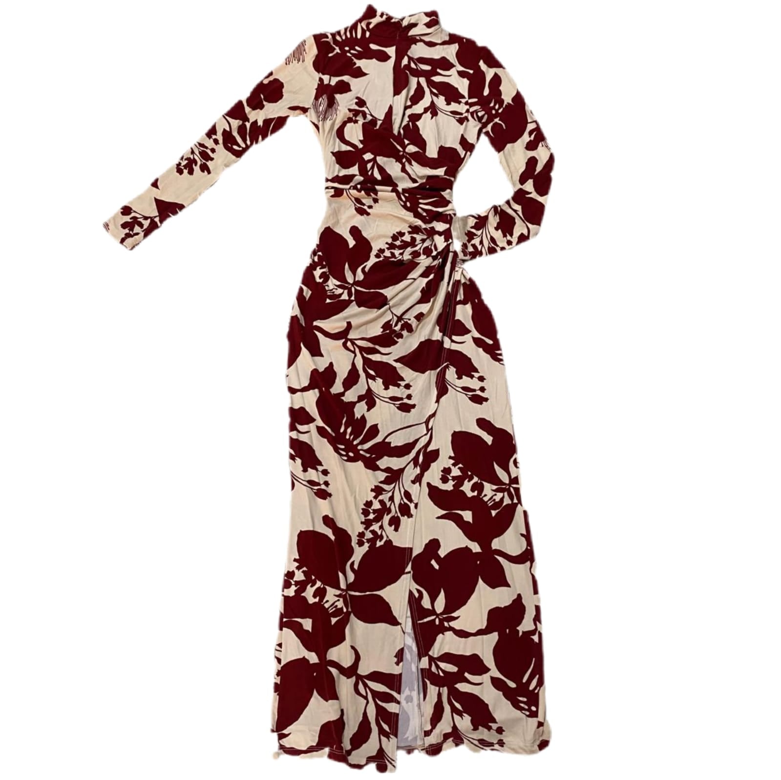 Vestido manga larga vino tinto con crema